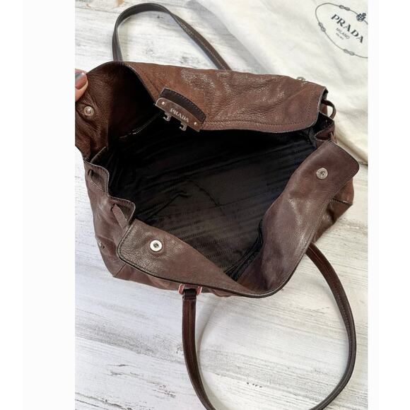 Prada Chocolate Brown Leather Cervo Antik Easy Foldover Pushlock Shoulder Purse - Picture 14 of 14